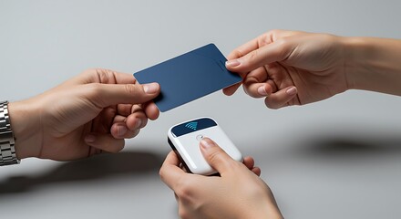 Secure access: Hands exchanging a contactless card over wireless device