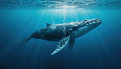 Fototapeta premium Majestic Whale Swimming Gracefully Underwater with Light Rays Illuminating the Ocean Surface