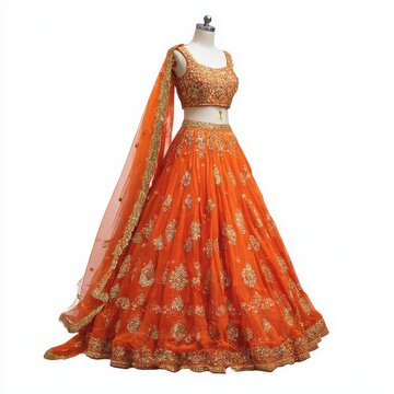Orange lehenga choli with golden motifs - isolated on white background