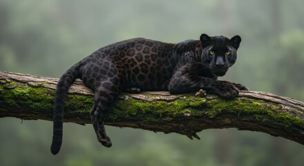 Black Panther Resting on Moss Covered Branch Swaying Tail Wildlife Animal in Lush Forest Under Daylight