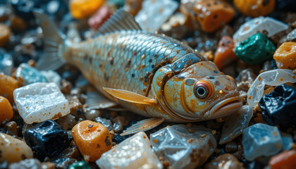 Fish Surrounded by Plastic Waste and Debris Highlighting Ocean Pollution and Environmental Issues