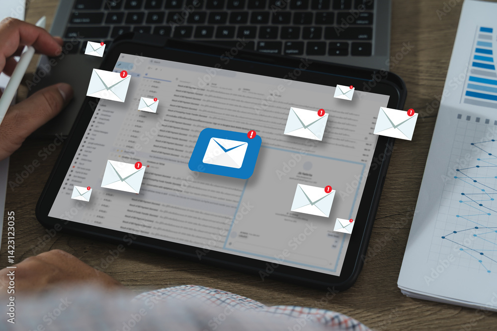 Poster mail communication connection message to mailing contacts phone global letters concept