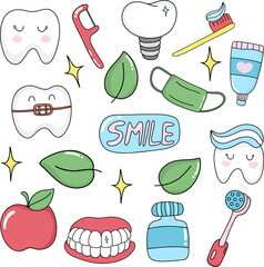 Hand Drawn Dentist Clip Art. Doodle Teeth, Smile, Dental Planner Stickers. , Medical, Healthcare, Stomatology, Tooth Hygiene Illustrations.