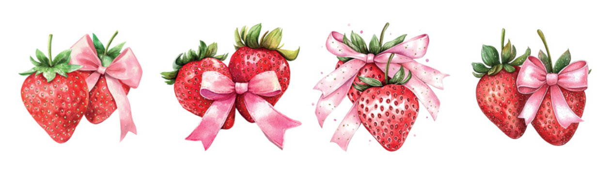 Strawberry coquette with pink bows set. Watercolor red strawberry decorated with pink satin ribbon bow. Vintage watercolor coquette elements. Vector illustration.