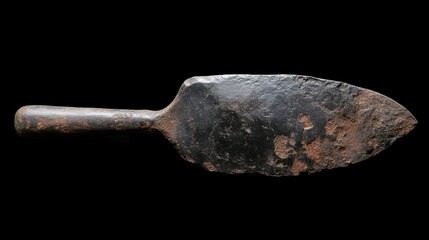 Ancient, rusted, bronzeiron tool.  Roughly sharpened blade,  wooden handle