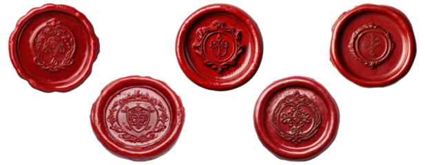 Set of vintage red wax seals with embossed ornamental designs, isolated on transparent background