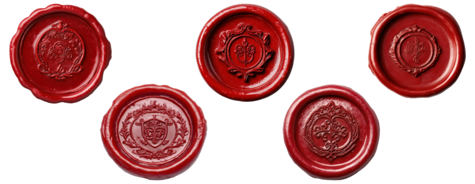 Set of vintage red wax seals with embossed ornamental designs, isolated on transparent background