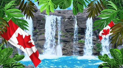 Canada Day Waterfall Background: With the Majestic Momentum of Waterfalls, Highlighting the Natural Pride and Vitality of Canada Day