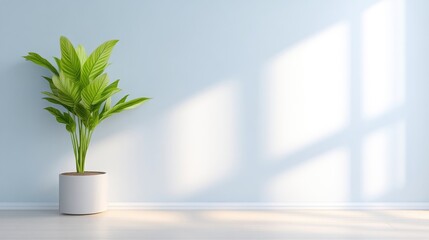 A green potted plant standing in a minimalist room with white walls, sunlight streaming through windows, creating soft shadows, and serene interior design concept.