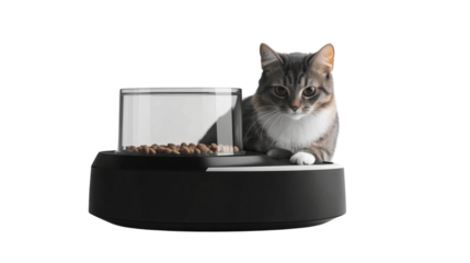 A cat sits next to a transparent, automated feeder, PNG, created with Generative AI