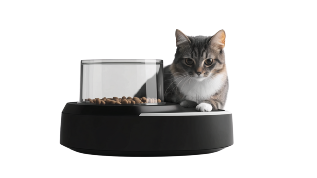 A cat sits next to a transparent, automated feeder, PNG, created with Generative AI