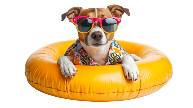 Dog in shades and shirt enjoys summer fun, PNG, created with AI