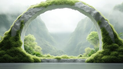 Misty mountain archway, lush greenery