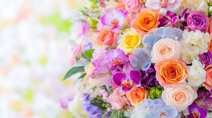 Obraz premium Vibrant flower bouquet with colorful roses, orchids, and hydrangeas against a soft bokeh background.
