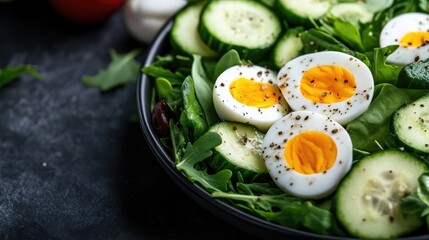 Fresh salad with cucumbers, eggs, and greens