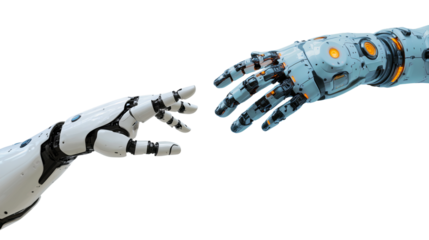 Two robotic hands connect in collaboration, PNG, created with Generative AI