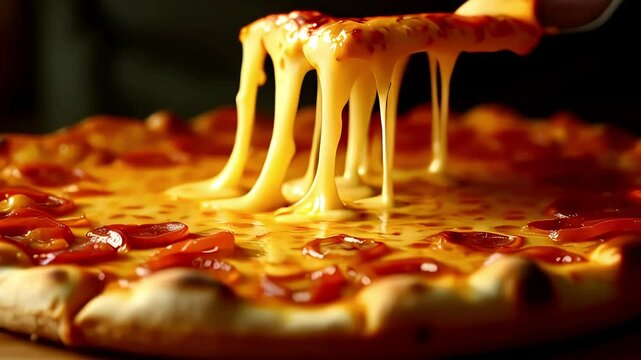 Melting cheesy pizza slice captured with strings of hot melted cheese, creating an irresistible comfort food scene