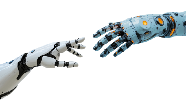 Two robotic hands connect in collaboration, PNG, created with Generative AI