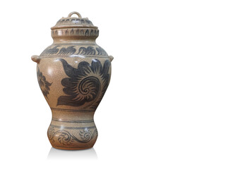 antique beautiful brown and black ceramic jar and ceramic lid on white background, object, copy space