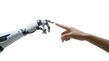 Human and robot hands connect in a moment of unity, PNG, created with Generative AI
