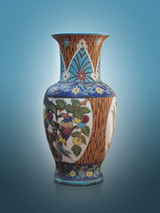 antique and old large vase on gradient blue and white background, decor, object, fashion, copy space