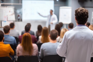 Blurred image of a large group of people attending a medical conference, a doctor in the background giving a presentation, concept for medical training, healthcare seminar, medical conference