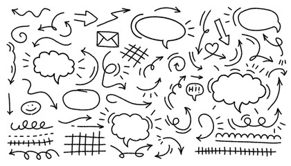 A set of hand-made illustrations, arrows dangling from all directions and chat bubbles using black strokes. Vector illustration