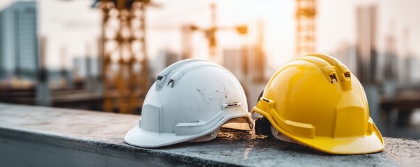 Close-up of white and yellow safety helmets resting on a concrete surface against a blurred background of a construction site, concept for construction, engineering, and safety industry