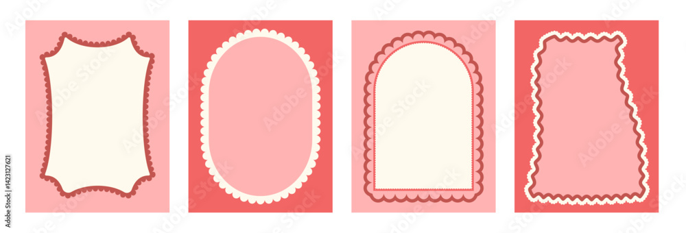 Poster geometric retro scallop frames set. wavy groovy arch, rectangle and oval borders isolated on white b