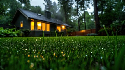 Obraz premium A well-maintained lawn in front of a home at twilight.