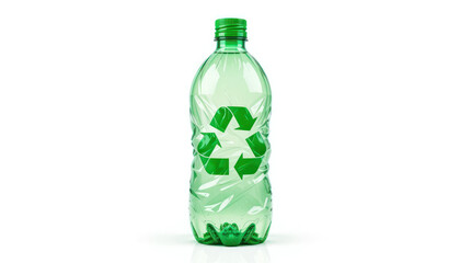 Transparent Green Plastic Bottle with Recycling Symbol Isolated on White Background