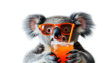 A koala holds a colorful drink in warm weather, isolated, created with AI