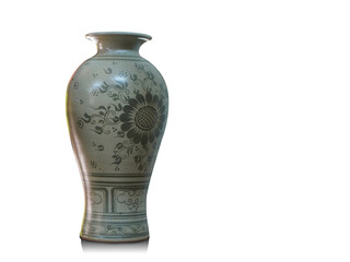 antique large green ceramic vase on white background, decor, object, fashion, copy space