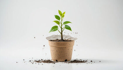 Fresh Green Plant Growing in Eco-Friendly Pot Surrounded by Soil and Tiny Earth Particles