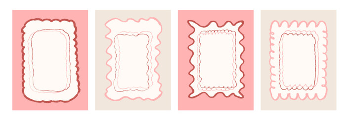Scallop text boxes frames pencil hand drawn set. Wavy groovy rectangle borders by crayon isolated on white background. Wobbly y2k decorative callouts elements. Vector retro doodle blank illustration.