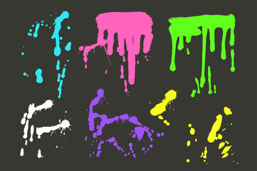 Graffiti spraypaint splatters set. Grunge colorful splashes and drips. Paint spots and blob shapes. Collage neon bold colors element. Dirty liquid silhouette. Vector hand drawn illustration.