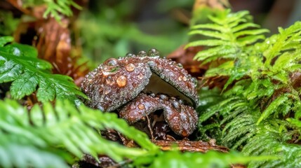 Obraz premium A small mushroom surrounded by lush green ferns and leaves