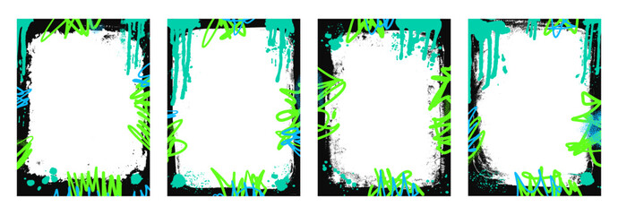 Grunge background frames set. Border templates with graffiti airbrush lines stroke and splashes. Acid paint frames decoration design. Retro texture poster mockup overlay. Vector illustration. © Syuzann q
