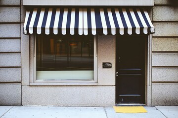 Stylish storefront with black and white awning.