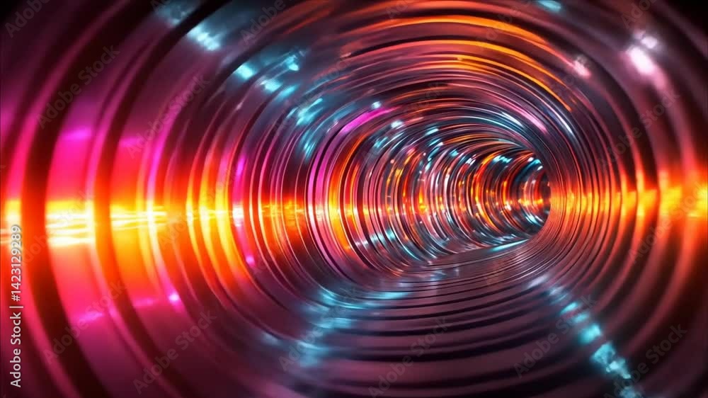 Poster exploring the vibrant colors and patterns of a glowing tunnel in a futuristic setting