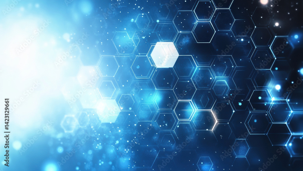 Poster abstract futuristic background featuring blue hexagons and glowing particles, creating sense of dept