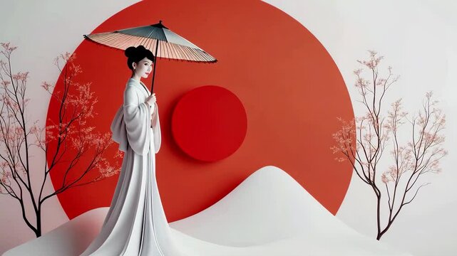 Serene and elegant woman in traditional attire holds parasol against backdrop of large red sun and stylized hills, embodying grace and tranquility in minimalist landscape.