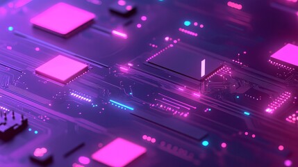 Abstract purple pink neon circuit board technology background 3d data glow chip light lines future