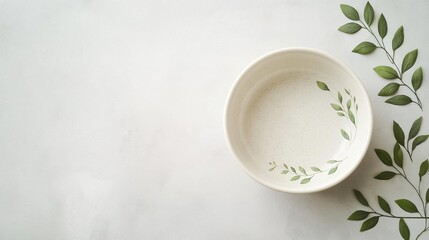 Flat lay of a white ceramic bowl with a green leaf design on the rim. the bowl is placed on a light grey background.