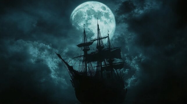 Ghost ship sailing stormy night, moonlit ocean, mystery adventure