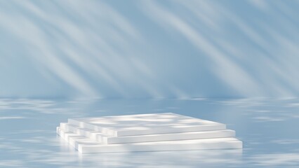 elegant scene showcasing a blue stone podium atop still water, with gentle shadows from a sunshade enhancing the cool winter vibe, ideal for highlighting cosmetic products