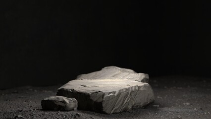 stone plate product podium on concrete background with leaf shadows. Minimal cosmetic product stone slab platform background. 3D rendering mock-up scene. Trendy neutral aesthetic mockup template for b