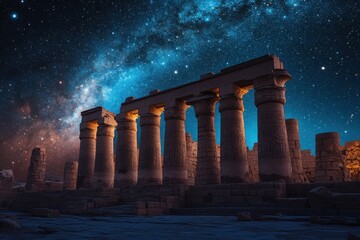 Obraz premium Ancient Temple Ruins Starry Night Sky Majestic Columns Egypt Architecture History Mystical Nighttime