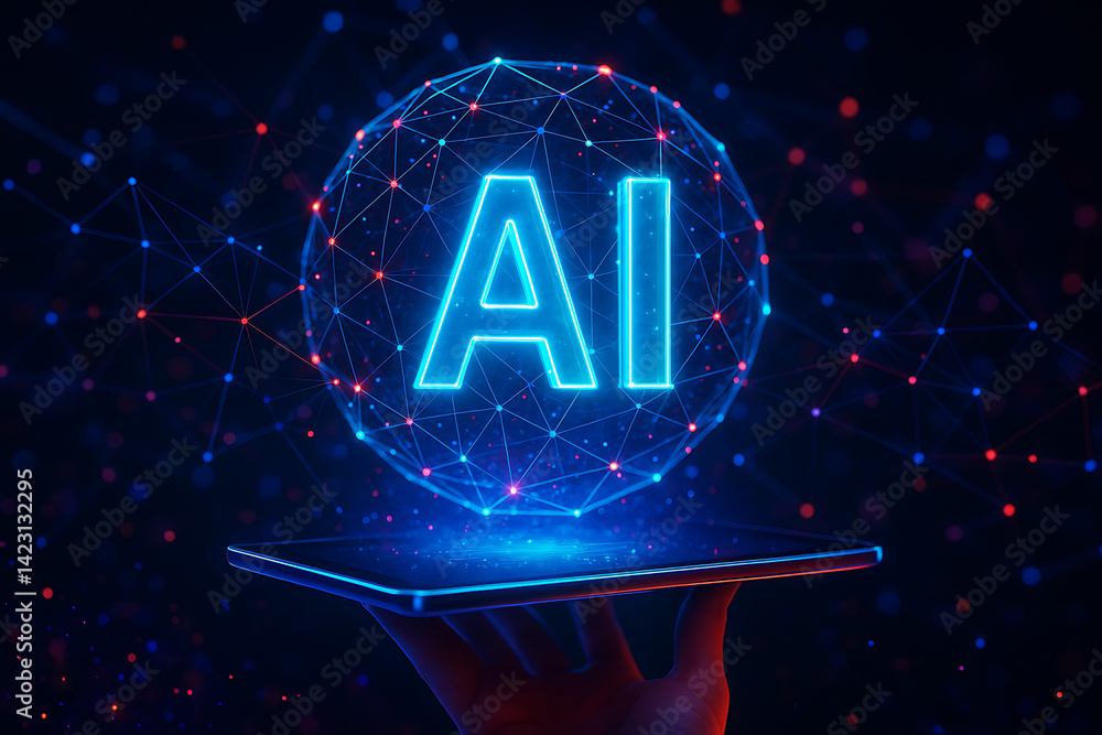 Poster artificial intelligence concept with holographic ai symbol on tablet in futuristic digital network e