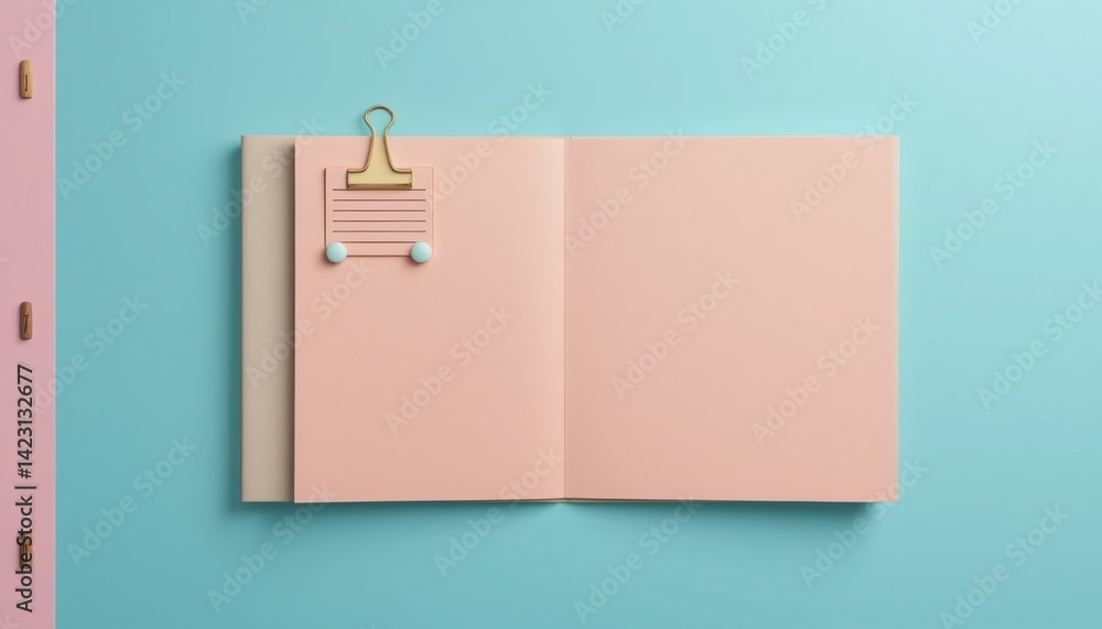 Poster creative blank notebook display modern workspace digital art minimalist environment top-down view in